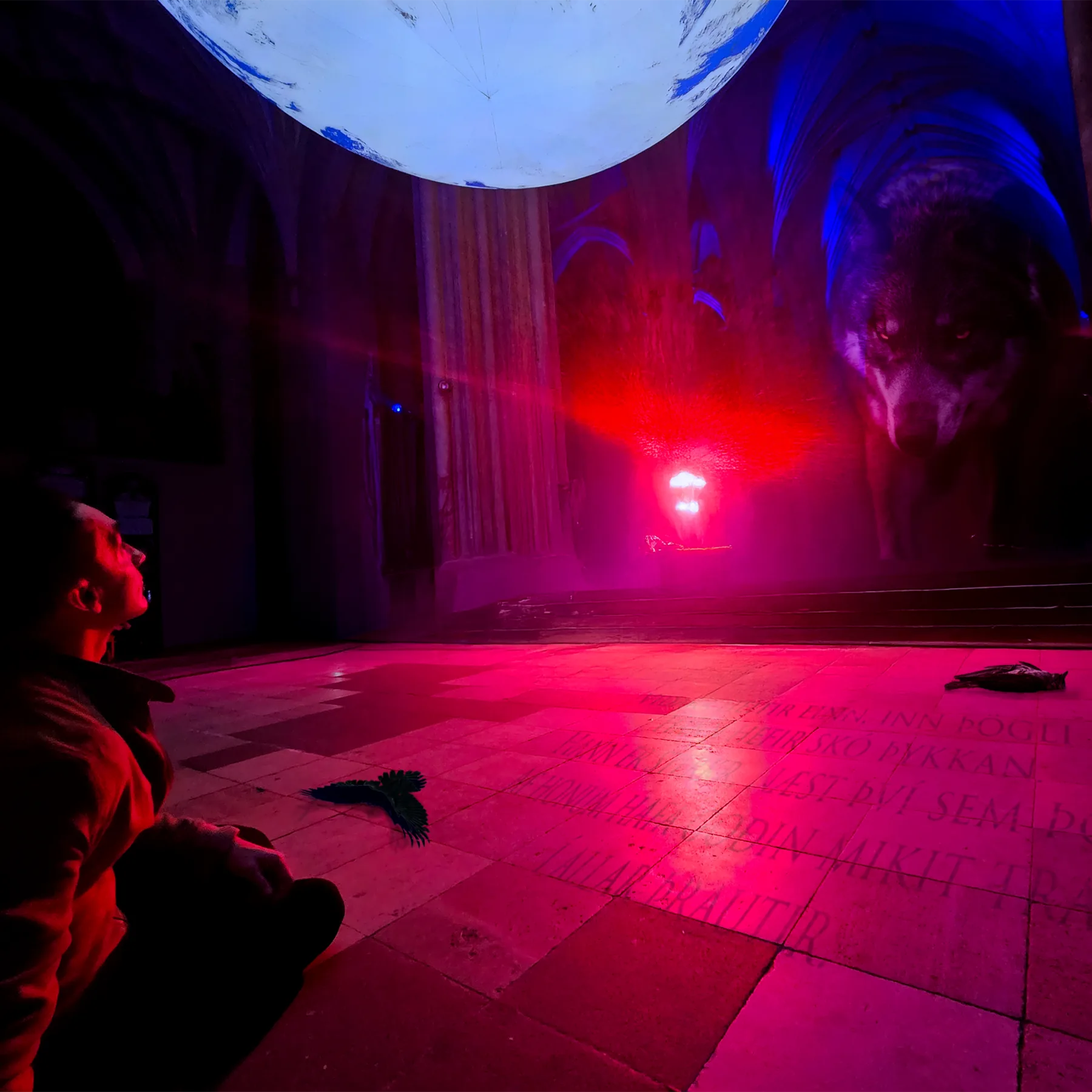 Vidar cover artwork with a wolf in a purple and red-lit cathedral