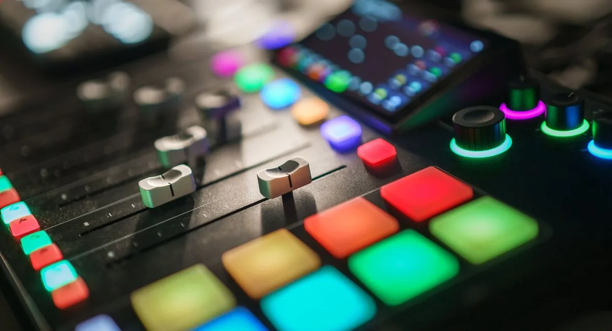 Colourful pad controller on a studio desk